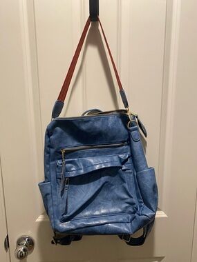 NWOT Blue Faux-Leather Convertible Backpack with Multicolored Strap